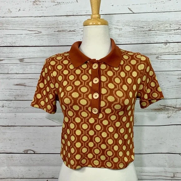 Zara Crop Collared Buttons Burnt Orange yellow Thin Soft Knit Top - Picture 4 of 11